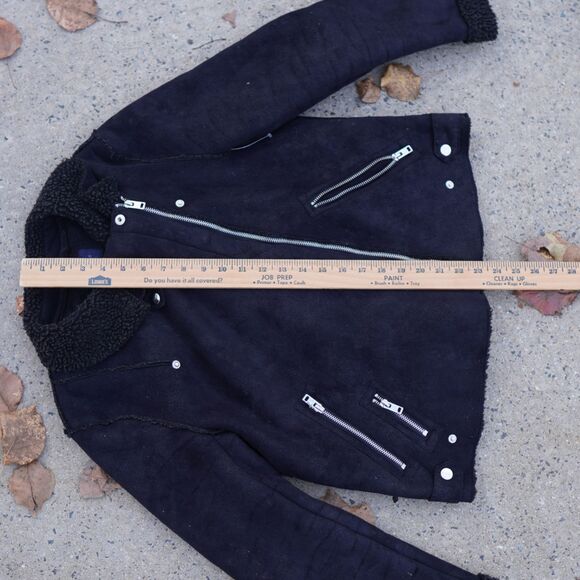 AE Faux Suede Moto Jacket Black Sherpa Lined Women's M Zip Up Winter - Picture 15 of 15